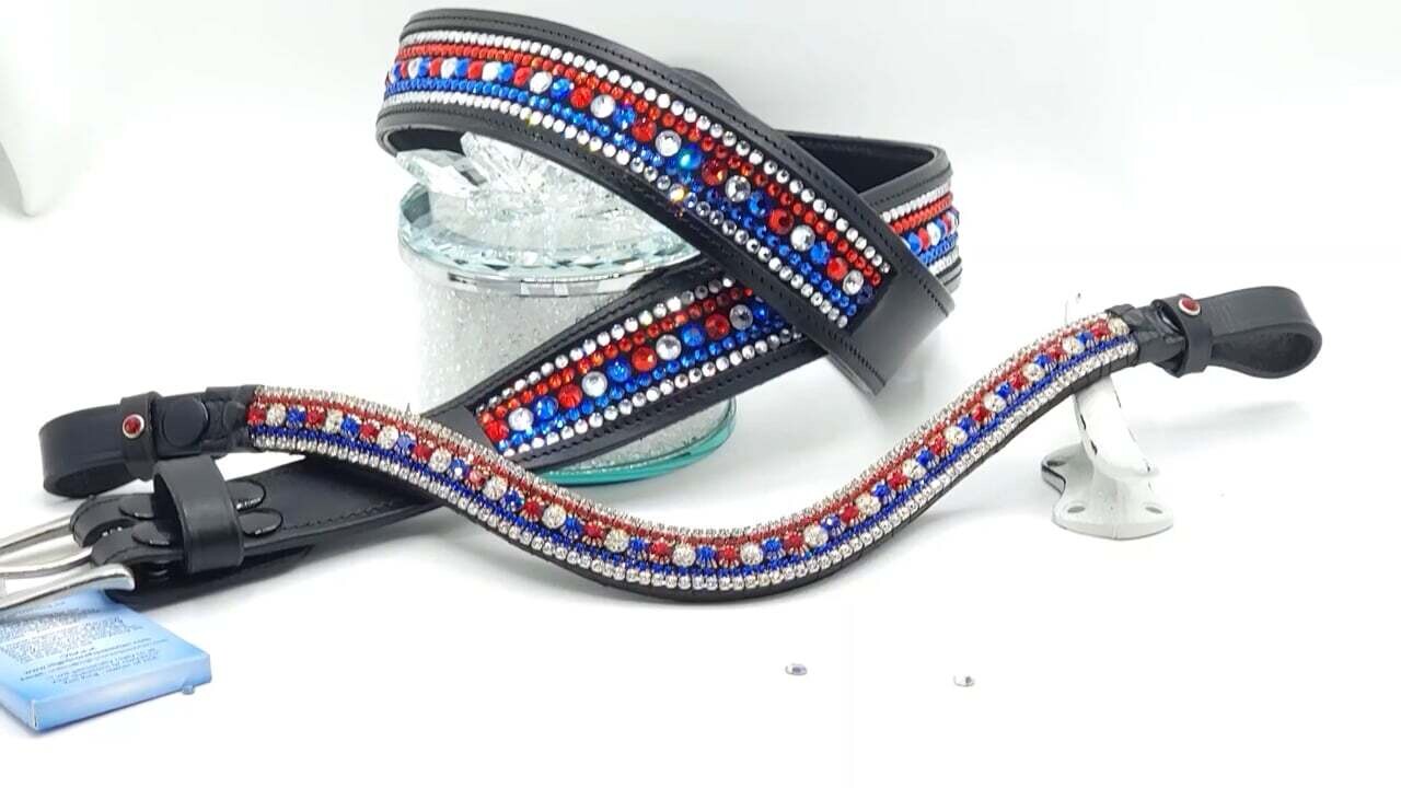 Red, White (Clear) and Blue - 5 Row “NO SNAG” Hot Fix Glass Crystal High Quality Leather Belt with “EASY SWITCH” Snap On/Off Buckle