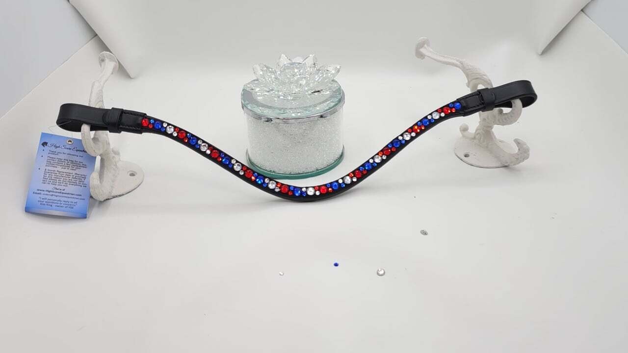 Red, White and  Blue Mix Hot Fix “NO SNAG” Glass Crystal - Easy On/Off Snap BLACK Leather Browband
