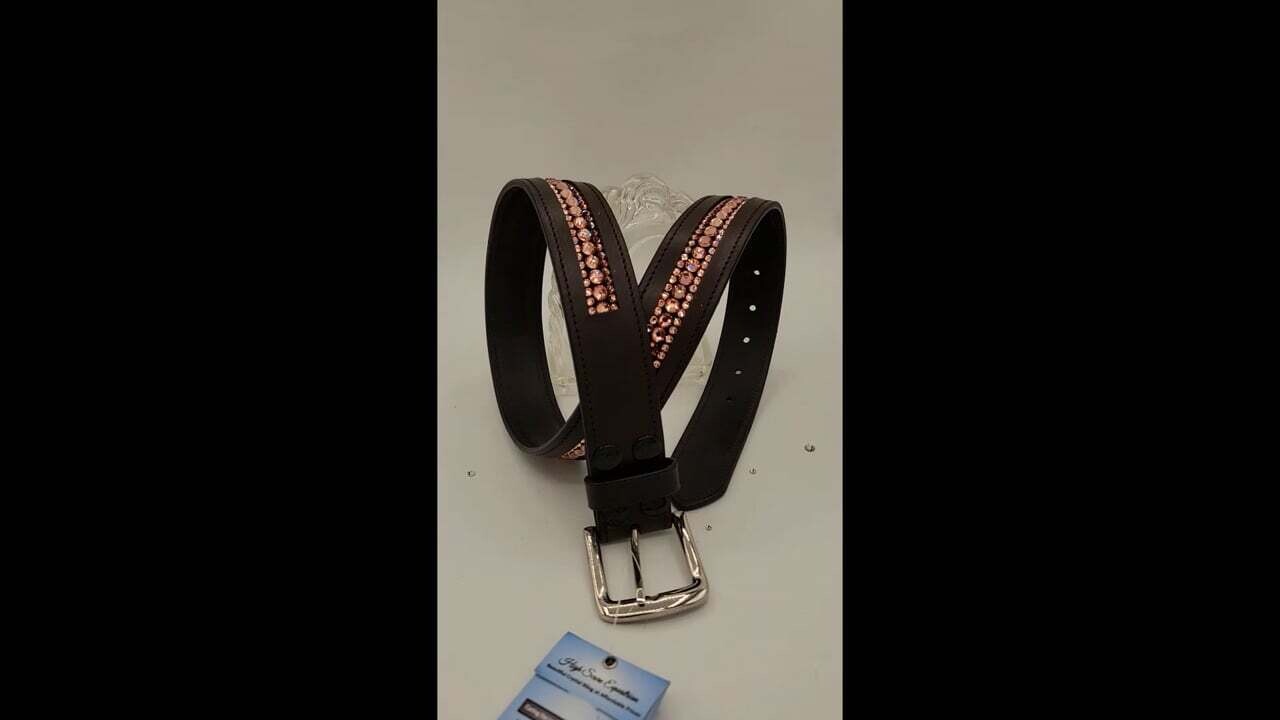 Rose Gold 3 Row - “NO SNAG” Glass Crystal – High Quality BROWN Leather Belt - “EASY SWITCH” Snap On/Off Buckle