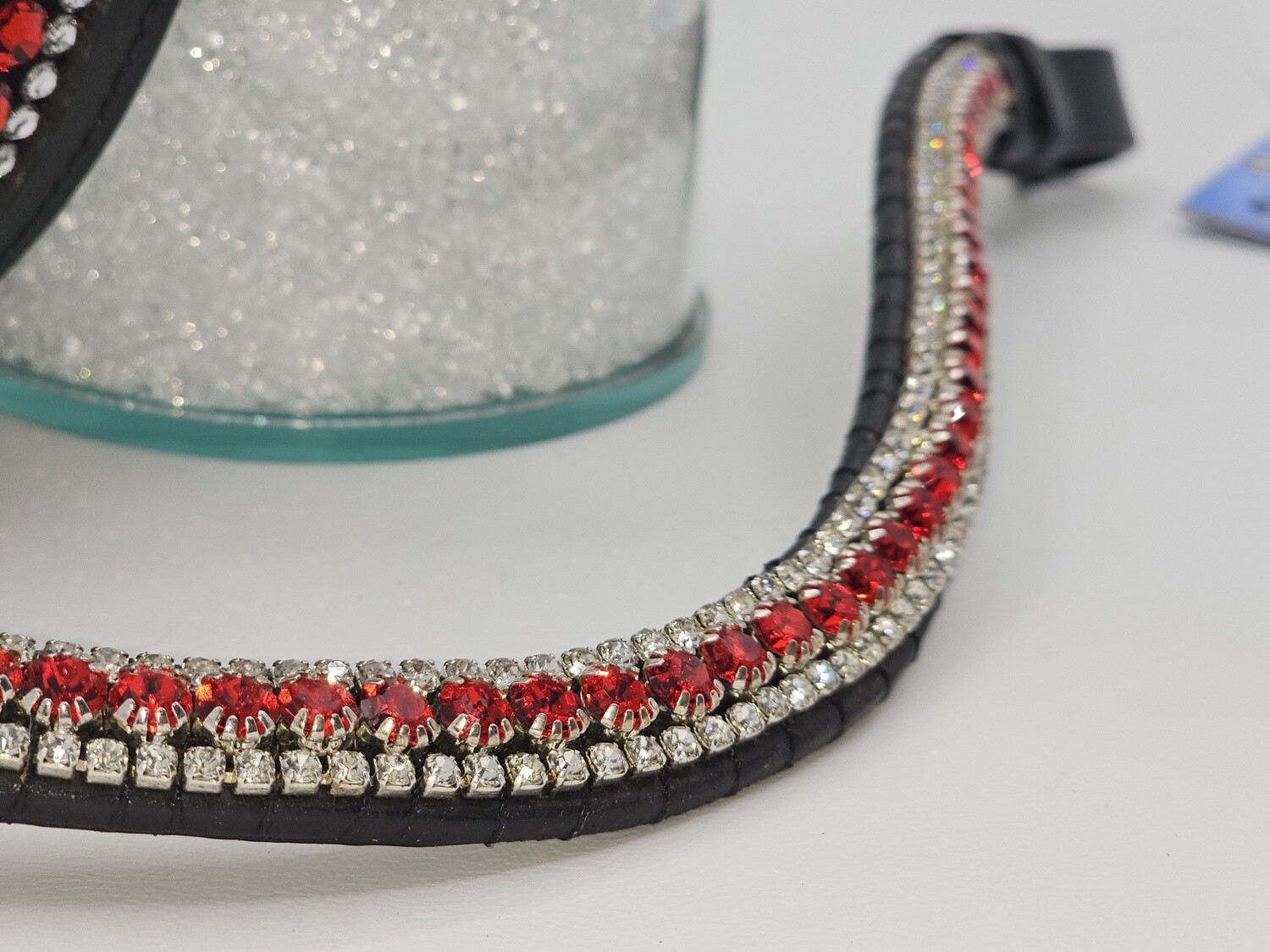 Siam and Clear 3 Row PRECIOSA Glass Crystal- Easy On/Off Snap BLACK Leather Browband