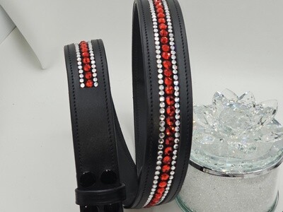 Red and Clear Brilliant 3 Row “NO SNAG” Hot Fix Glass Crystal High Quality Leather Belt with “EASY SWITCH” Snap On/Off Buckle