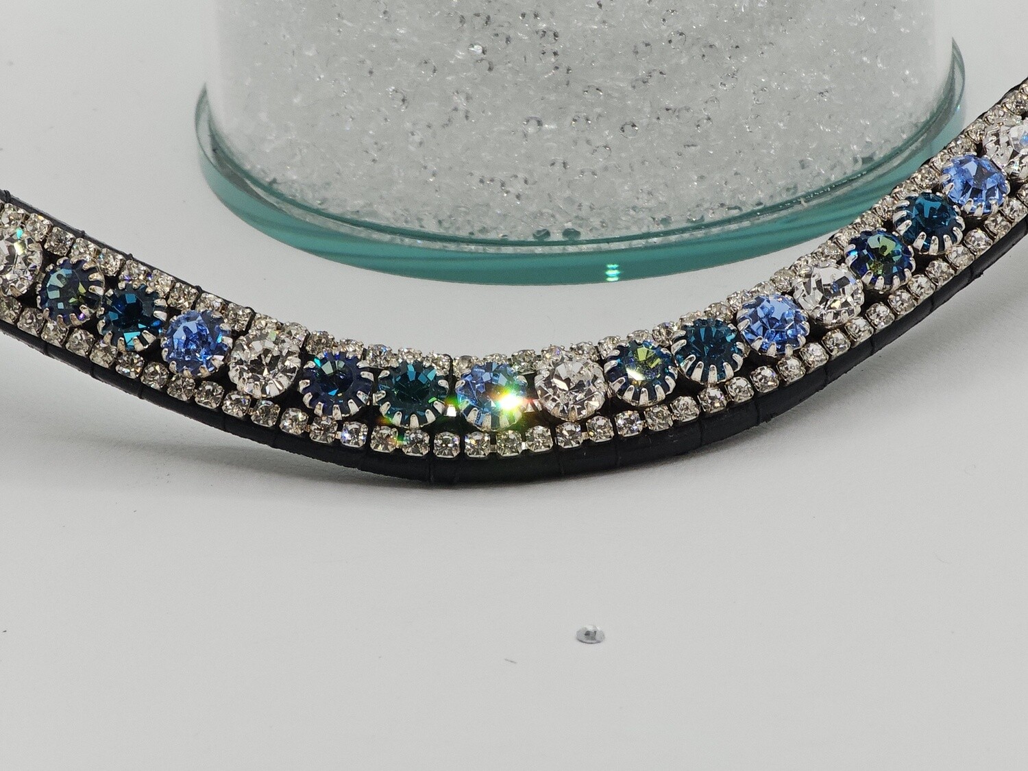 Bermuda Blue, Clear, Lt. Sapp. and Indicolite 40SS 3 Row PRECIOSA Glass Crystal Easy Snap On/Off – BLACK or  BROWN Leather Browband
