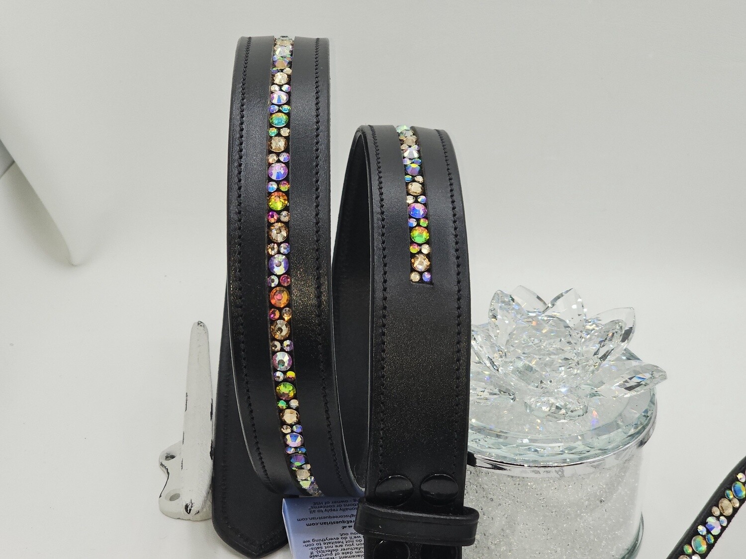 Every Color Imaginable 1 Row - Mix Pattern “NO SNAG” Glass Crystal – High Quality BLACK Leather Belt - “EASY SWITCH” Snap On/Off Buckle
