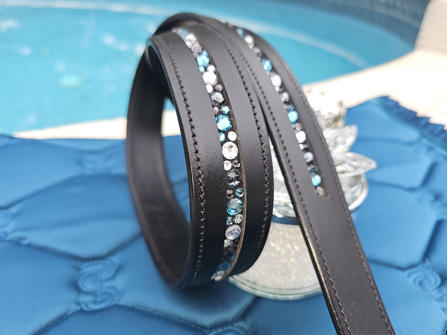 Indicite (Blue Green), Graphite, Clear 1 Row - Mix Pattern “NO SNAG” Glass Crystal – High Quality BLACK Leather Belt - “EASY SWITCH” Snap On/Off Buckle