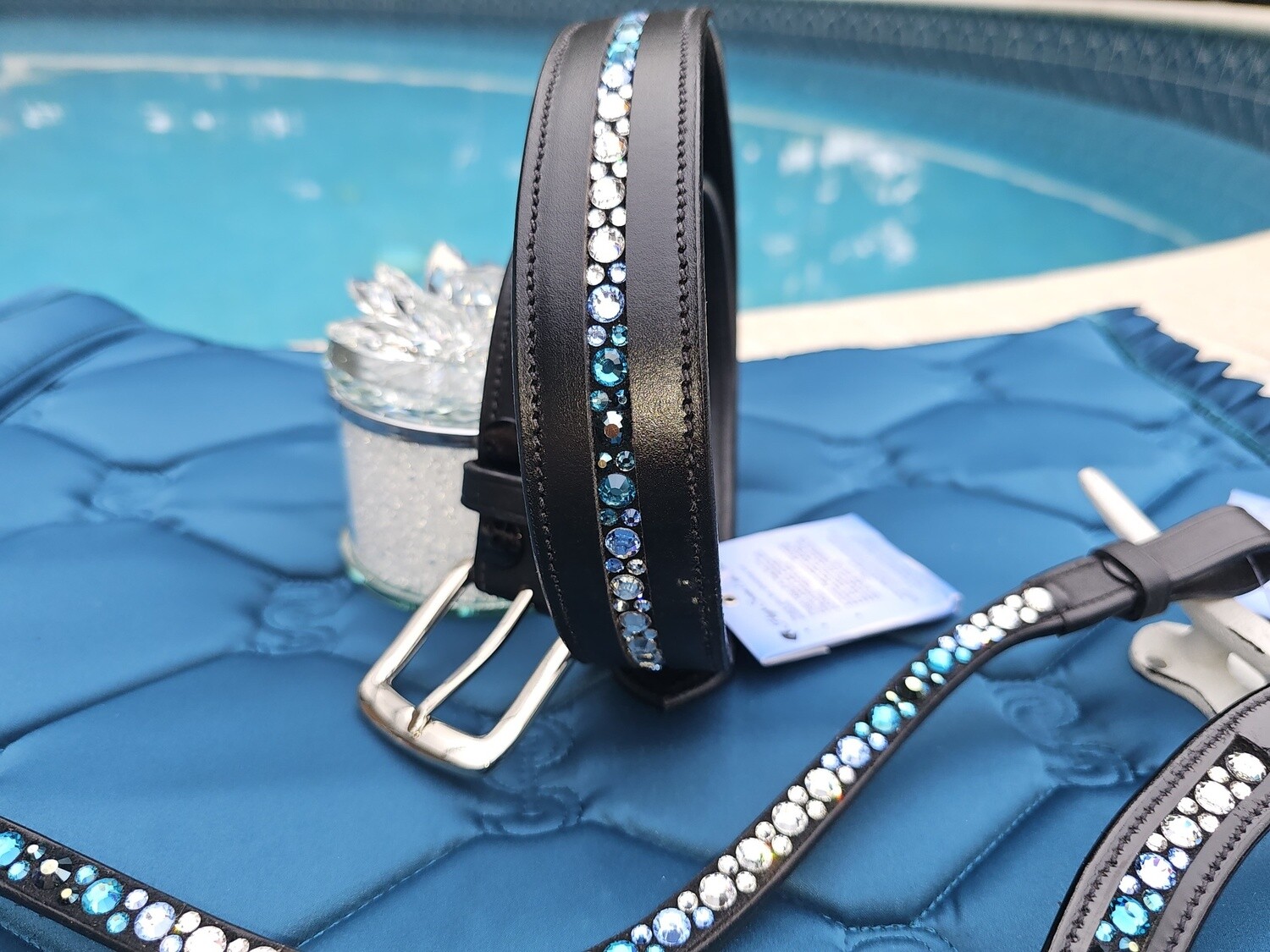 Blue, Clear and Aqua BALAYAGE - Mix Pattern “NO SNAG” Hot Fix Glass Crystal – High Quality BLACK Leather Belt - “EASY SWITCH” Snap On/Off Buckle1