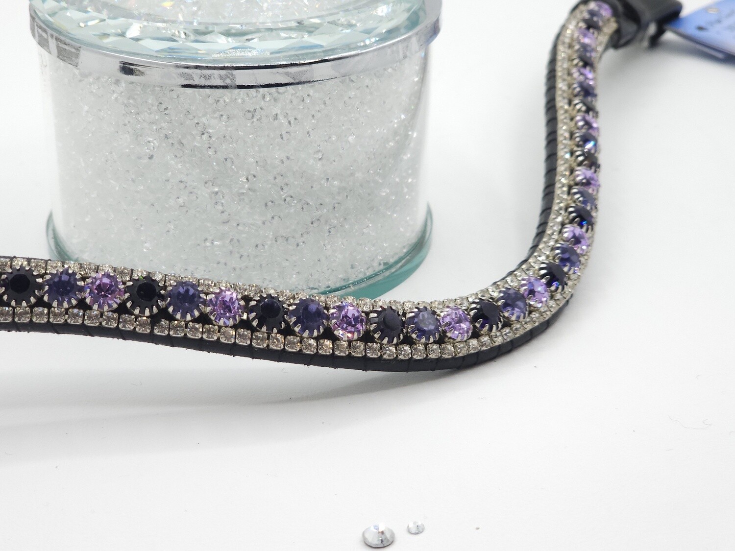 Tanzanite, Deep Tanz., Violet 40ss and Clear 3 Row PRECIOSA Glass Crystal Easy Snap On/Off – BLACK or BROWN Leather Browband