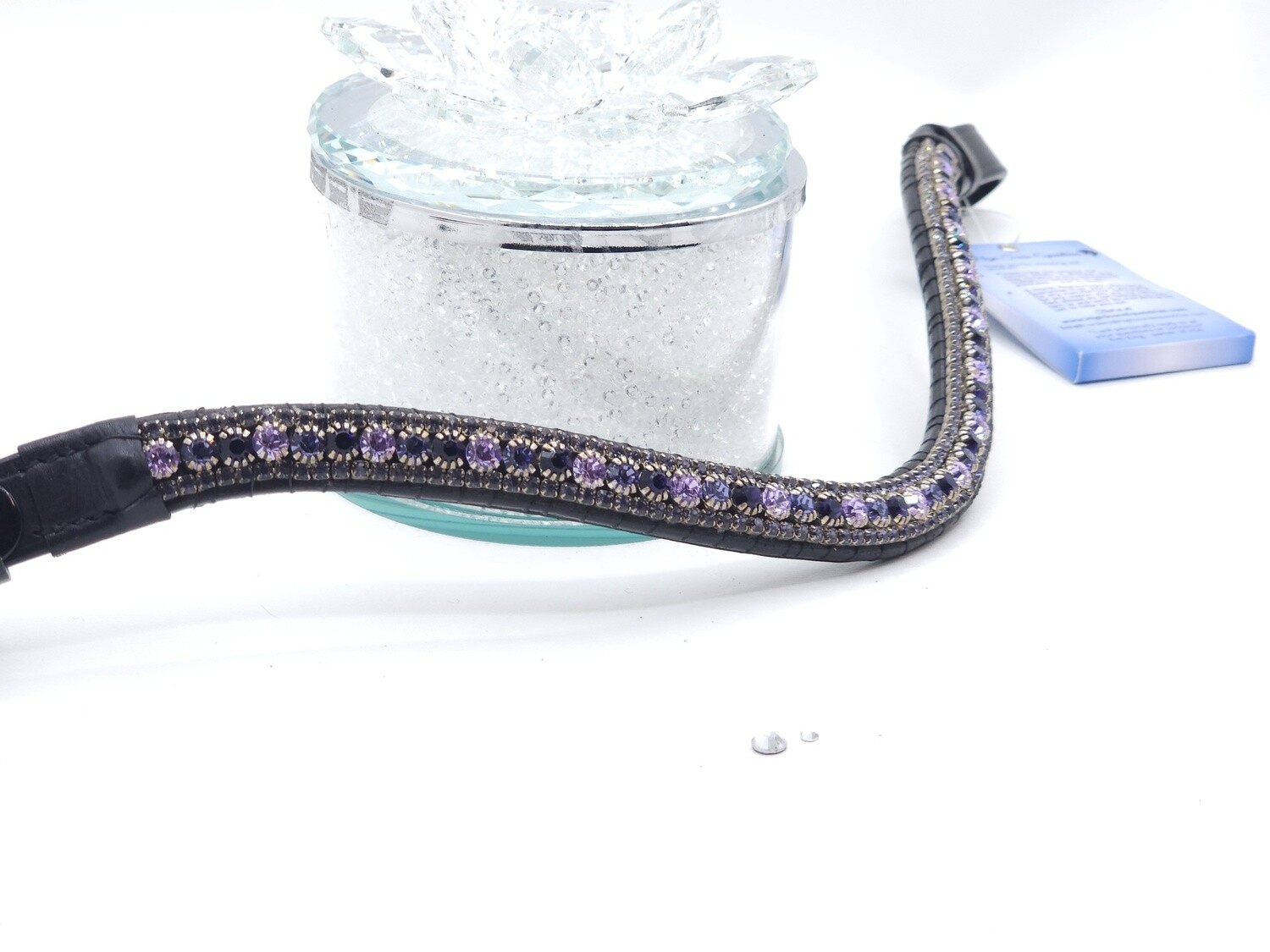 Violet, Deep Tanzanite, Tanzanite 3 Row PRECIOSA Glass Crystal Easy Snap On/Off –BLACK  Leather Browband