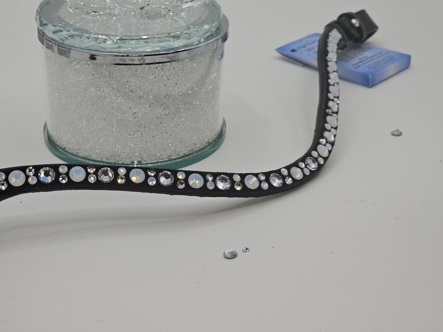 Opal and Clear  Mix Hot Fix “NO SNAG” Glass Crystal - Easy On/Off Crystal Rivet Button Closure BLACK Leather Browband