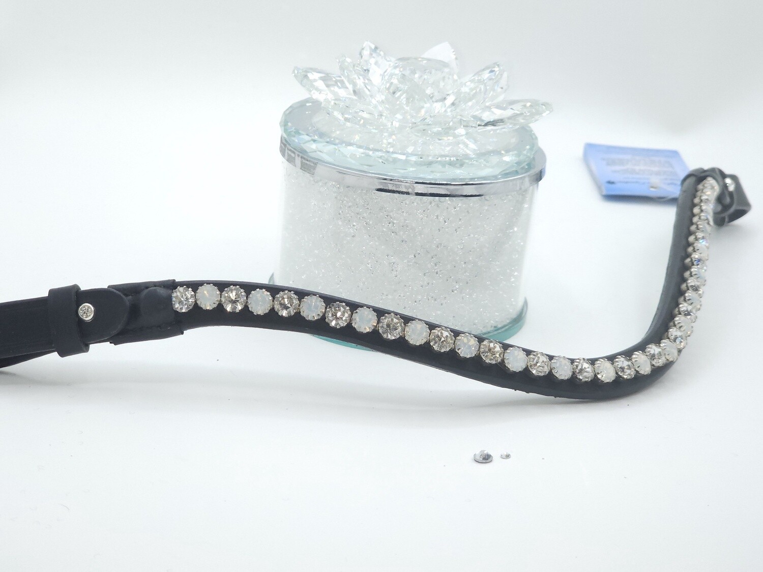 Opal and Clear    1 Row PRECIOSA Glass Crystal -Easy On/Off Crystal Rivet Button Closure Black Leather Browband