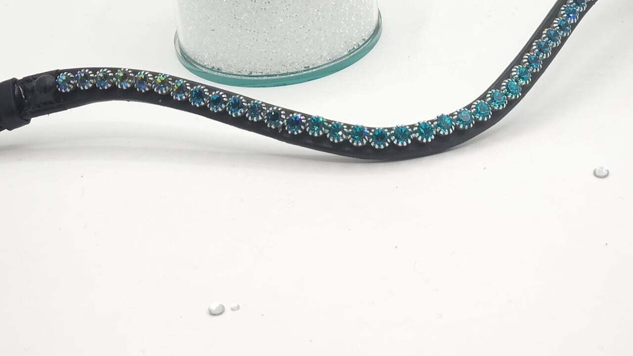 Blue Zircon, Bermuda Blue, Indicolite Stunning Ombre 1 Row  40ss PRECIOSA Glass Crystal Easy Snap On/Off – BLACK Leather Browband