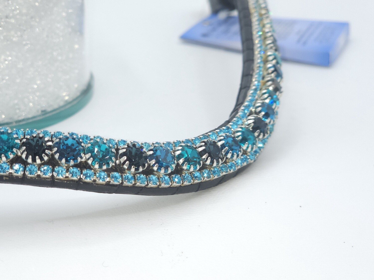 Montana, Indicolite, Blue Zircon Aquamarine 3 Row 40SS (center) PRECIOSA Glass Crystal Easy Snap On/Off – Leather Browband