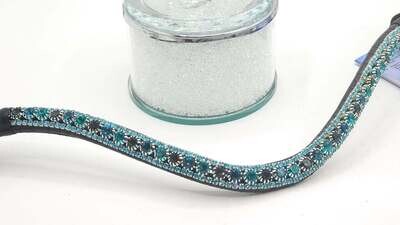 Montana, Indicolite, Blue Zircon Aquamarine3 Row 40SS (center) PRECIOSA Glass Crystal Easy Snap On/Off – Leather Browband