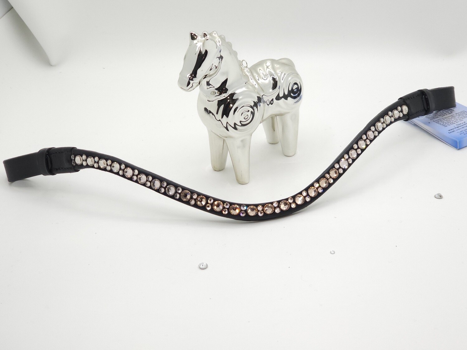 Peach, Gold Quartz, Lt Gold Qtz Ombre Mix Hot Fix Ombre “NO SNAG” Glass Crystal - Easy On/Off Snap BLACK Leather Browband