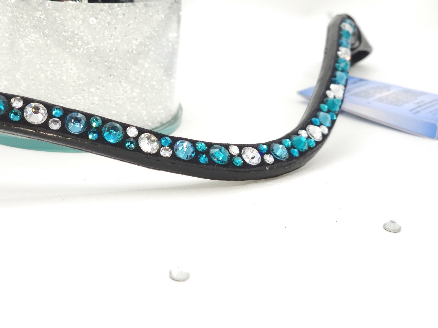 Indicolite, Blue Zircon, Clear   Mix Hot Fix “NO SNAG” Glass Crystal - Easy On/Off Snap BLACK Leather Browband