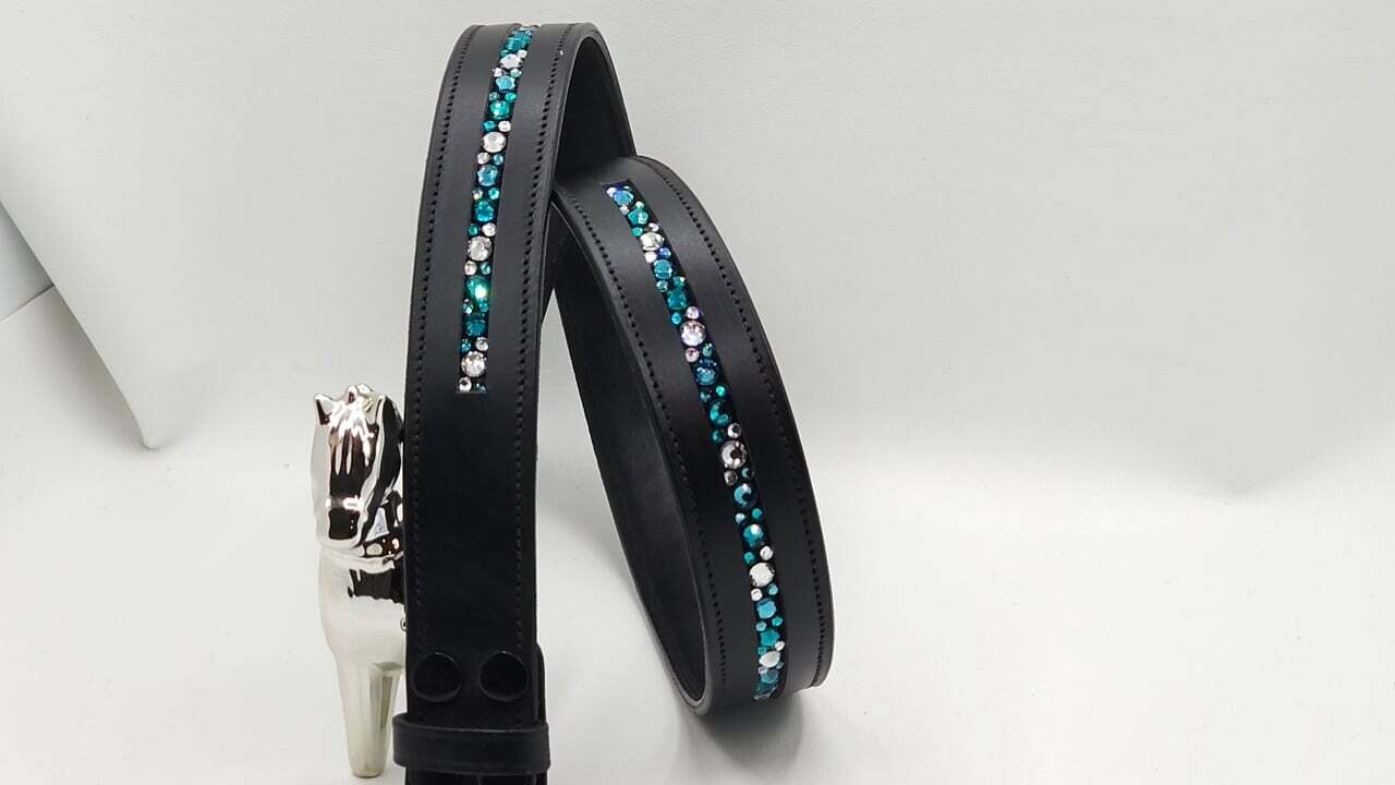 Indicolite, Blue Zircon and Clear 1 Row - Mix Pattern “NO SNAG” Glass Crystal – High Quality BLACK Leather Belt - “EASY SWITCH” Snap On/Off Buckle