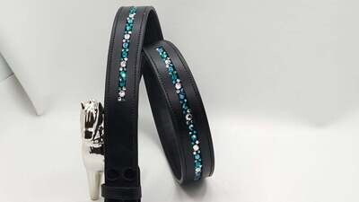 Indicolite, Blue Zircon and Clear Dazzling Mix Pattern “NO SNAG” Hot Fix Glass Crystal - High Quality Leather Belt with “EASY SWITCH” Snap On/Off Buckle