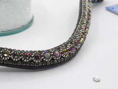 Crystal Vitrail Medium and Diamond Black 3 Row 40ss (center) PRECIOSA Glass Crystal Easy Snap On/Off – BLACK Leather Browband