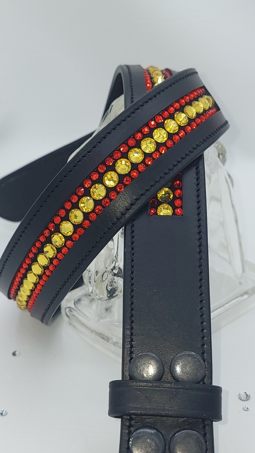 Citrine and Siam  3 Row - “NO SNAG” Glass Crystal – High Quality BLACK Leather Belt - “EASY SWITCH” Snap On/Off Buckle