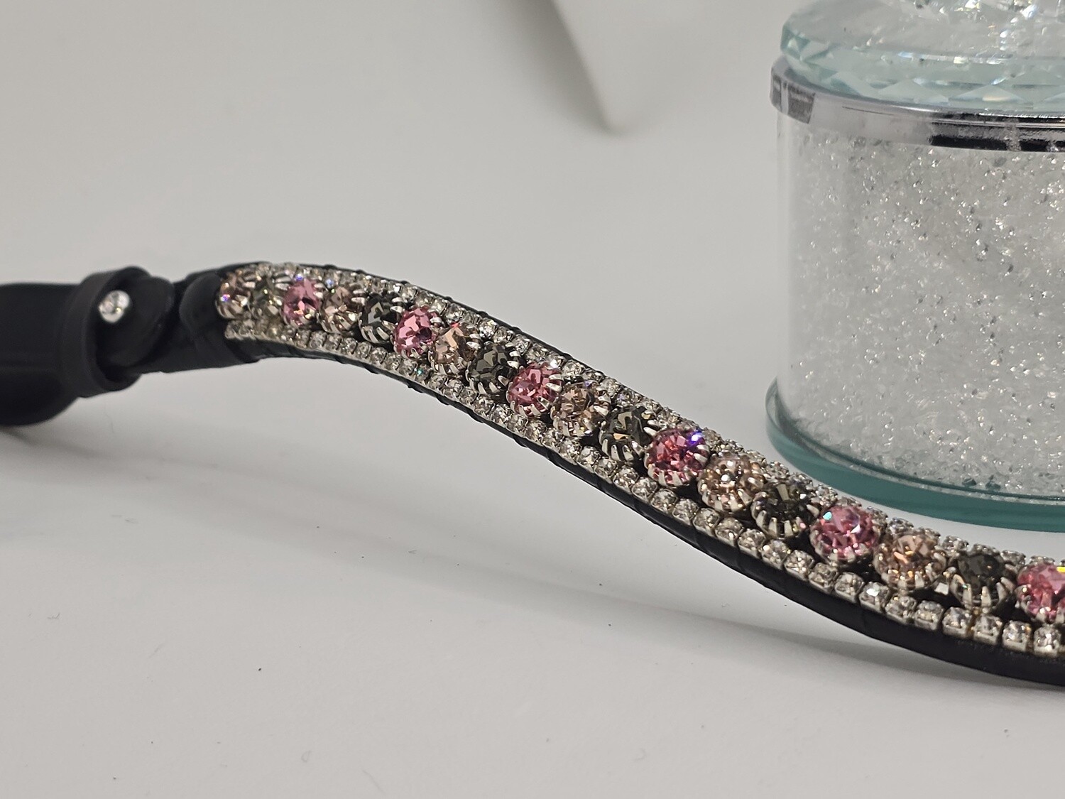 Rose, Black Diamond, Pink and Clear3 Row 40SS (center) PRECIOSA Glass Crystal - Easy On/Off Crystal Rivet Button Closure BLACK or BROWN Leather Browband