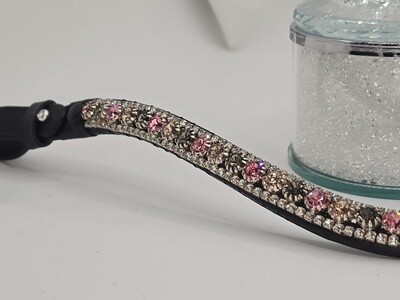 Rose, Black Diamond, Pink and Clear3 Row 40SS (center) PRECIOSA Glass Crystal - Easy On/Off Crystal Rivet Button Closure BLACK or BROWN Leather Browband