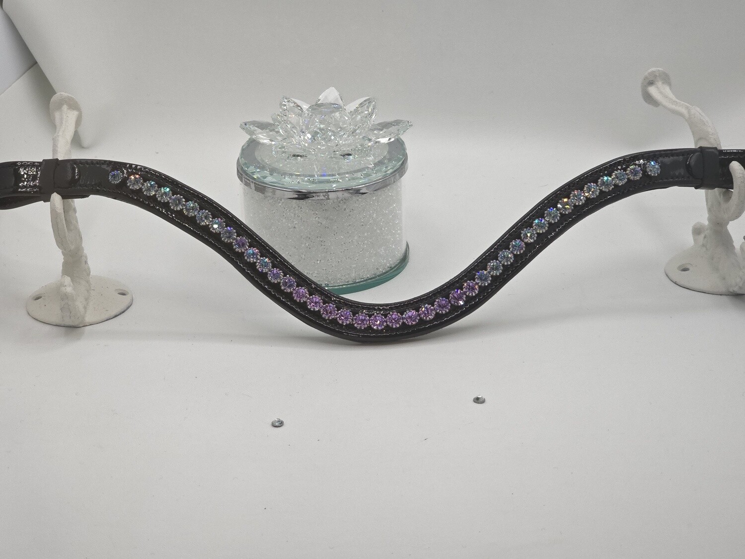 Violet and Crystal Vitrail (Blue Violet) Ombre 1 Row 40ss PRECIOSA Glass Crystal - Easy On/Off Snap BLACK PATENT Leather Browband