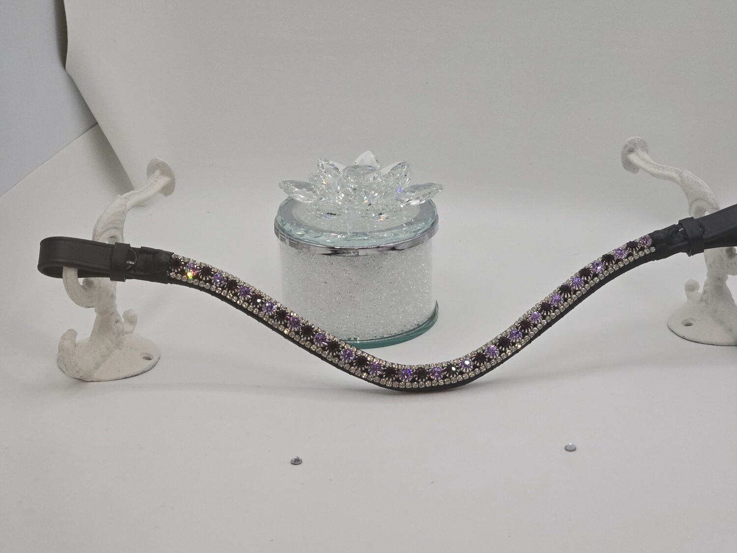 Amethyst, Violet Clear 3 Row 40SS (center) PRECIOSA Glass Crystal Easy Snap On/Off –BLACK or BROWN Leather Browband
