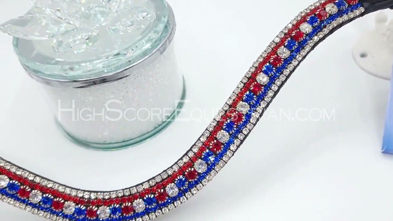 Red, White &amp; Blue 5 Row PRECIOSA Glass Crystal - Easy On/Off Crystal Rivet Button Closure BLACK or BROWN Leather Browband