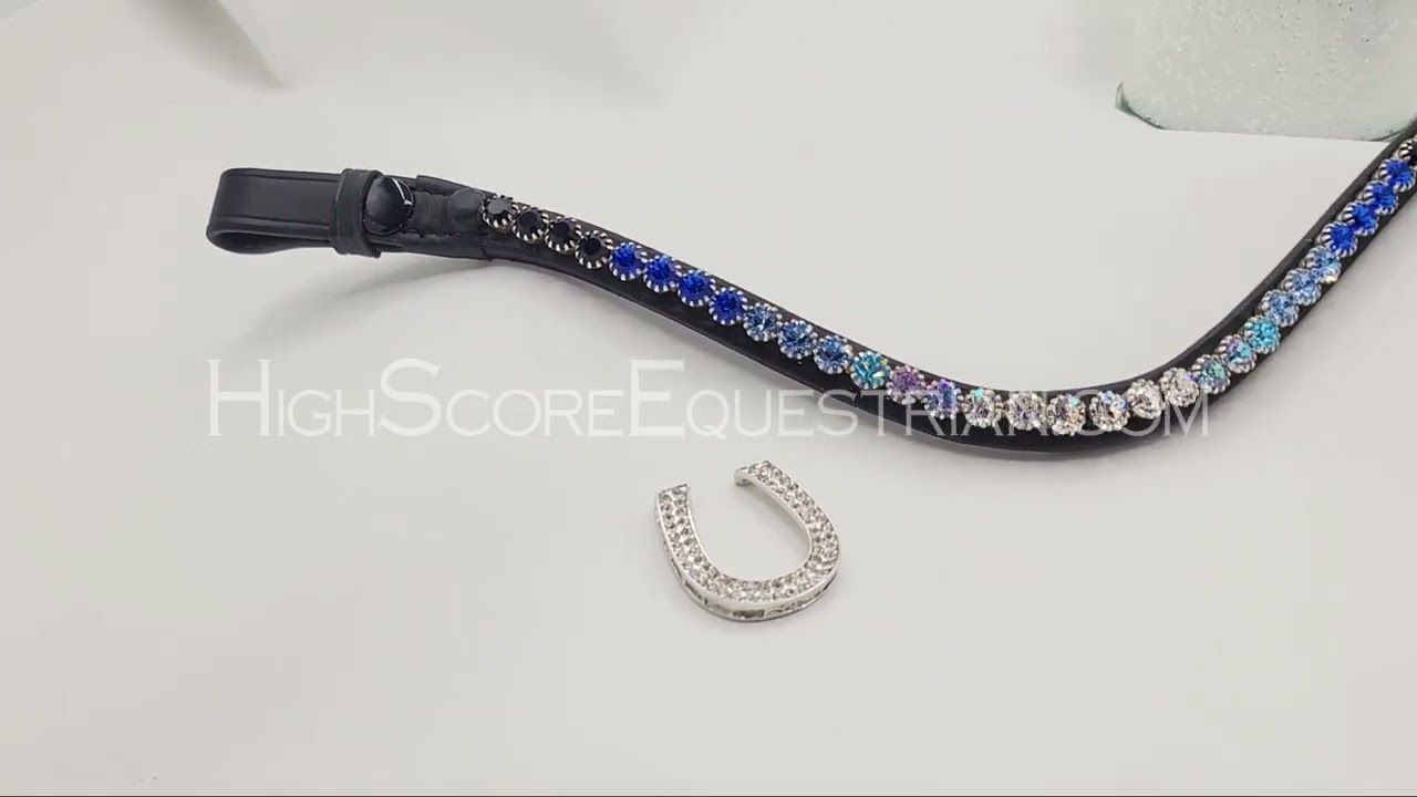 Vitrail Aquamarine Lt. Sapphire Sapphire to Dark Inigo  Ombre 1 Row 40ss PRECIOSA Glass Crystal - Easy On/Off Snap BLACK Leather Browband