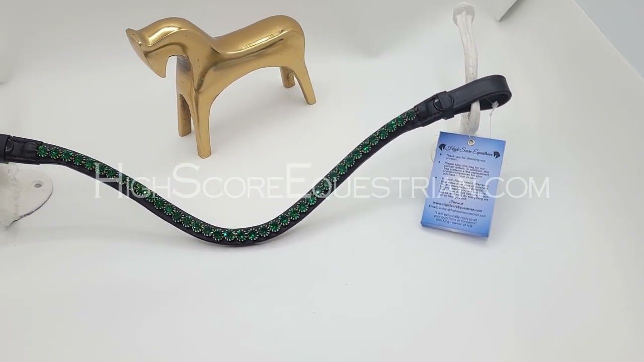 Emerald Green 1 Row 40ss PRECIOSA Glass Crystal- Easy On/Off Snap BLACK Leather Browband