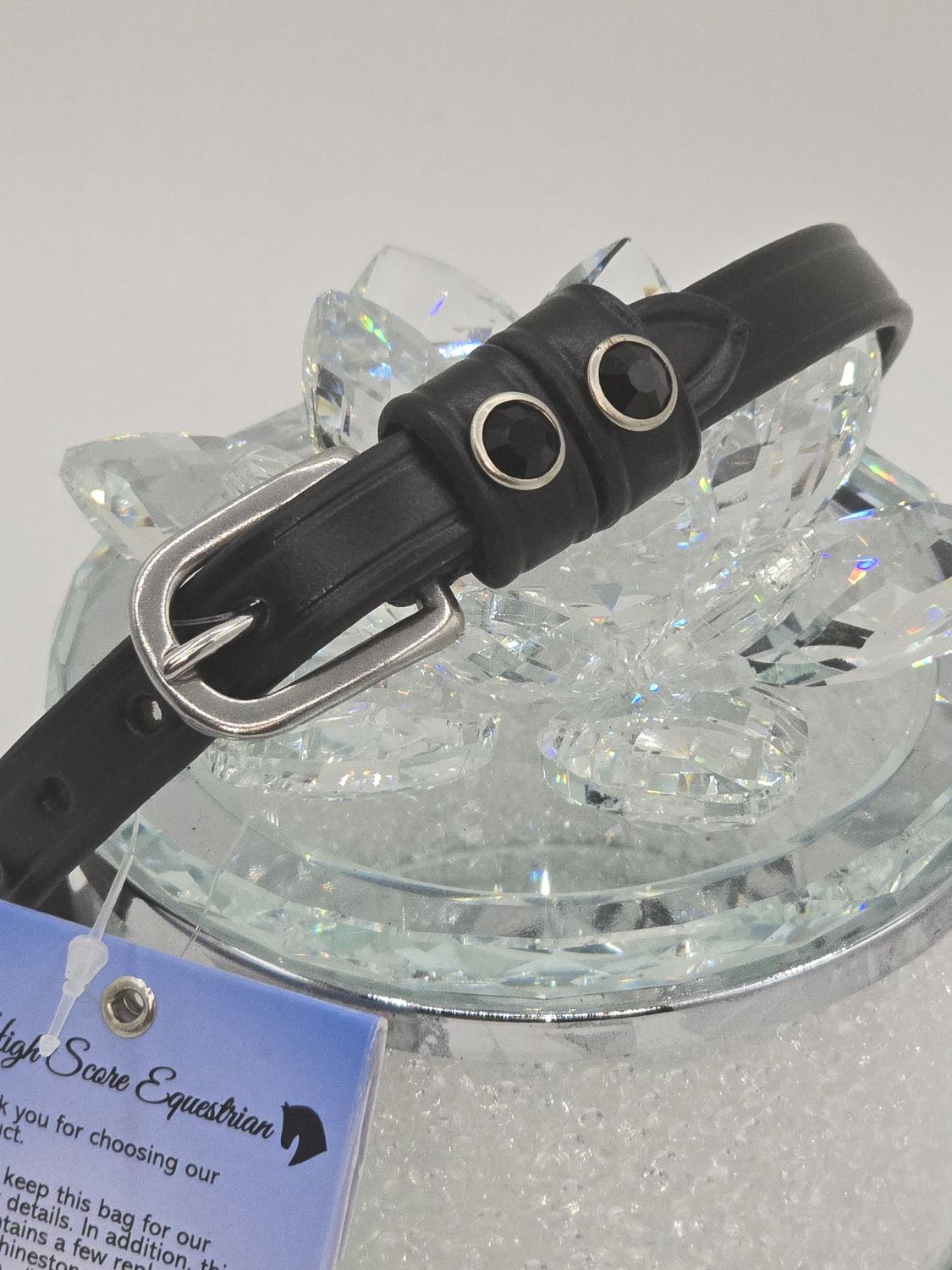 Black   Crystal Rivet Keepers  - English Black Leather Spur Straps