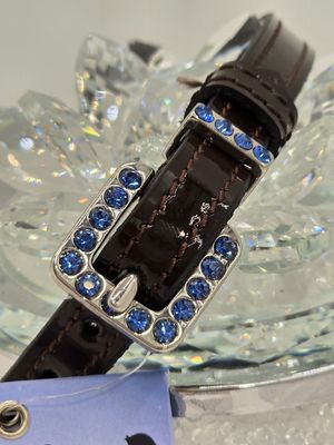 Med. Sapphire Blue Crystal Inlay Buckle &amp; Keeper - High Quality English PATENT Leather -  BROWN Spur Straps