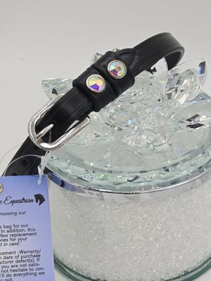Iridescent  AB Crystal Rivet 1st &amp; 2nd Keepers - High Quality English Leather - BLACK Spur Straps