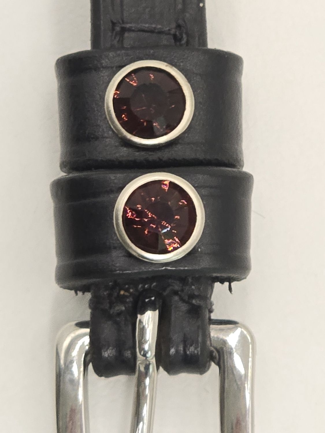 Amethyst Crystal Rivet 1st &amp; 2nd Keepers - High Quality English Leather - BLACK  Spur Straps