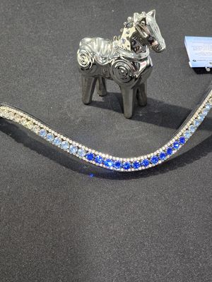 Sapphire Blue 3 Row Ombre 40ss PRECIOSA Glass Crystal -Easy On/Off Snap BLACK Leather Browband