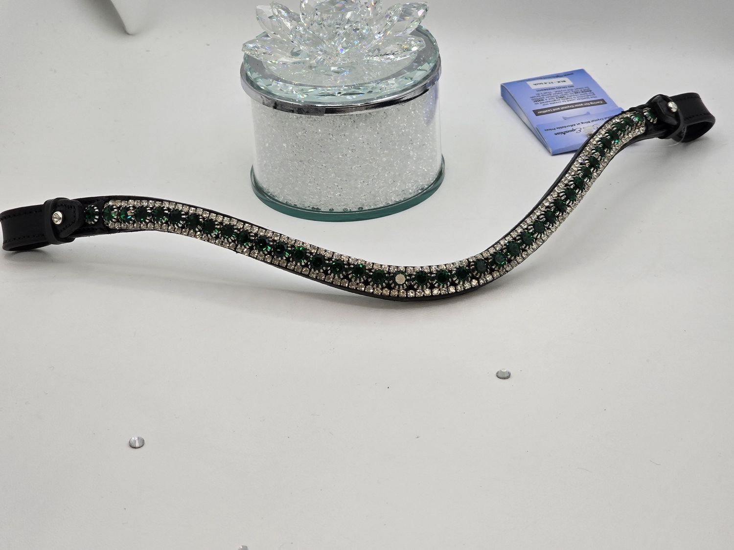 Emerald Green and Clear 3 Row 40SS (center) PRECIOSA Glass Crystal - Easy On/Off Crystal Rivet Button Closure BLACK Leather Browband