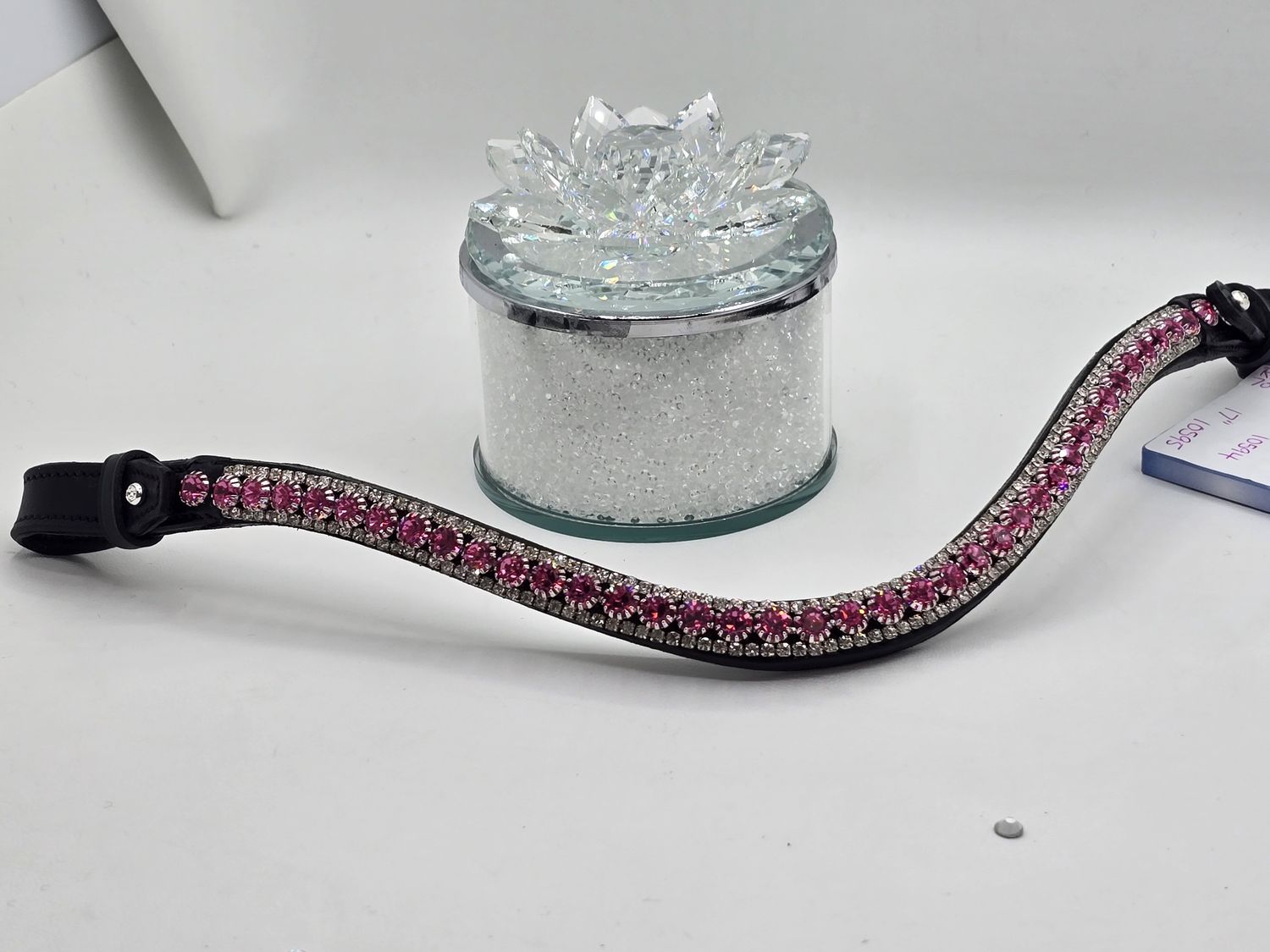 PINK (Rose) and Clear 3 Row 40SS (center) PRECIOSA Glass Crystal - Easy On/Off Crystal Rivet Button Closure BLACK Leather Browband