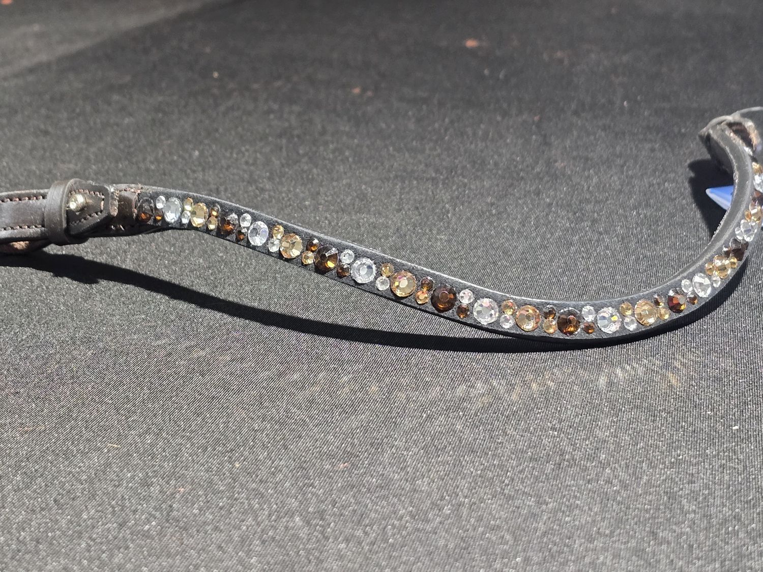 V1 -Mocha, Lt Colorado and Clear - Mix Hot Fix “NO SNAG”  Glass Crystal Easy  On/Off Crystal Rivet -  HAVANA BROWN Leather Browband