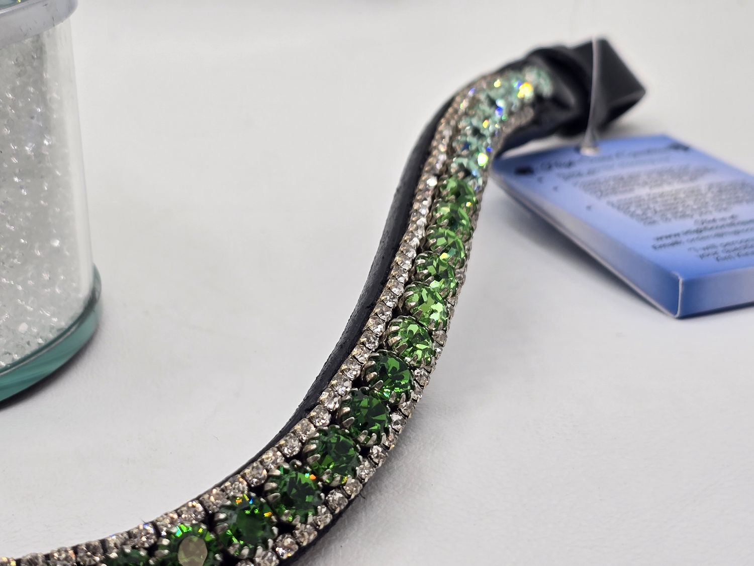 Chrysolite, Peridot, Shamrock 3 Row Ombre 40ss PRECIOSA Glass Crystal- Easy Snap On/Off BLACK or BROWN Leather Browband