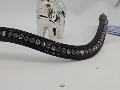 Diamond Black, Jet Hematite and Vitrail Med. 1 Row 40ss PRECIOSA Glass Crystal- Easy On/Off Snap BLACK PATENT ROLLED EDGE  Leather Browband