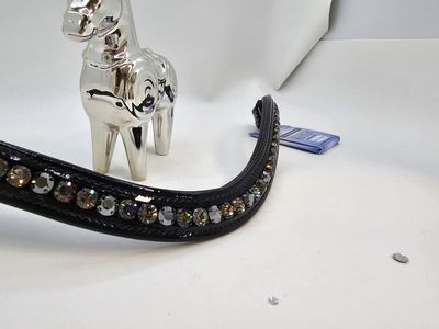 Diamond Black, Jet Hematite and Vitrail Med. 1 Row 40ss PRECIOSA Glass Crystal- Easy On/Off Snap BLACK PATENT ROLLED EDGE Leather Browband Diamond Black, Jet Hematite and Vitrail Med. 1 Row 40ss PRECIOSA Glass Crystal- Easy On/Off Snap BLACK PATENT ROLLED EDGE Leather Browband