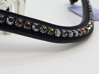 Diamond Black, Jet Hematite and Vitrail Med 40SS 1 Row PRECIOSA Glass Crystal -Easy On/Off Crystal Rivet Button Closure Black Leather Browband