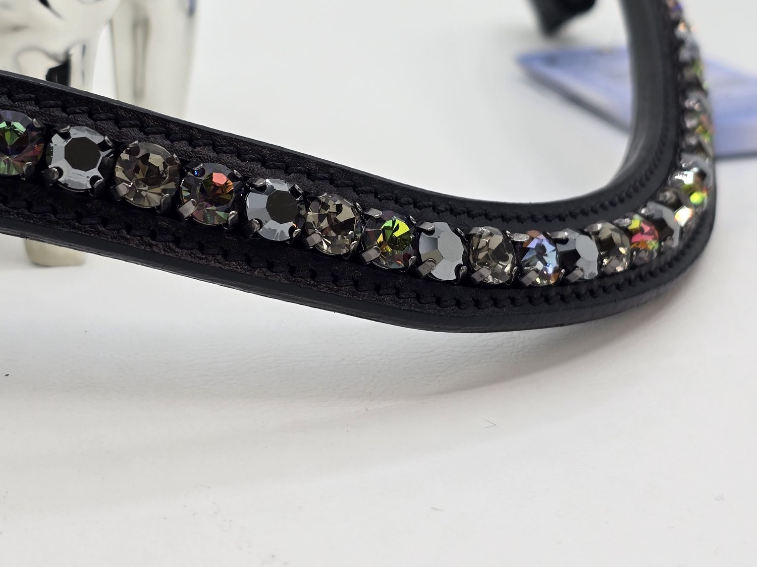 Diamond Black, Jet Hematite and Vitrail Med 40SS 1 Row PRECIOSA Glass Crystal -Easy On/Off Crystal Rivet Button Closure Black Leather Browband
