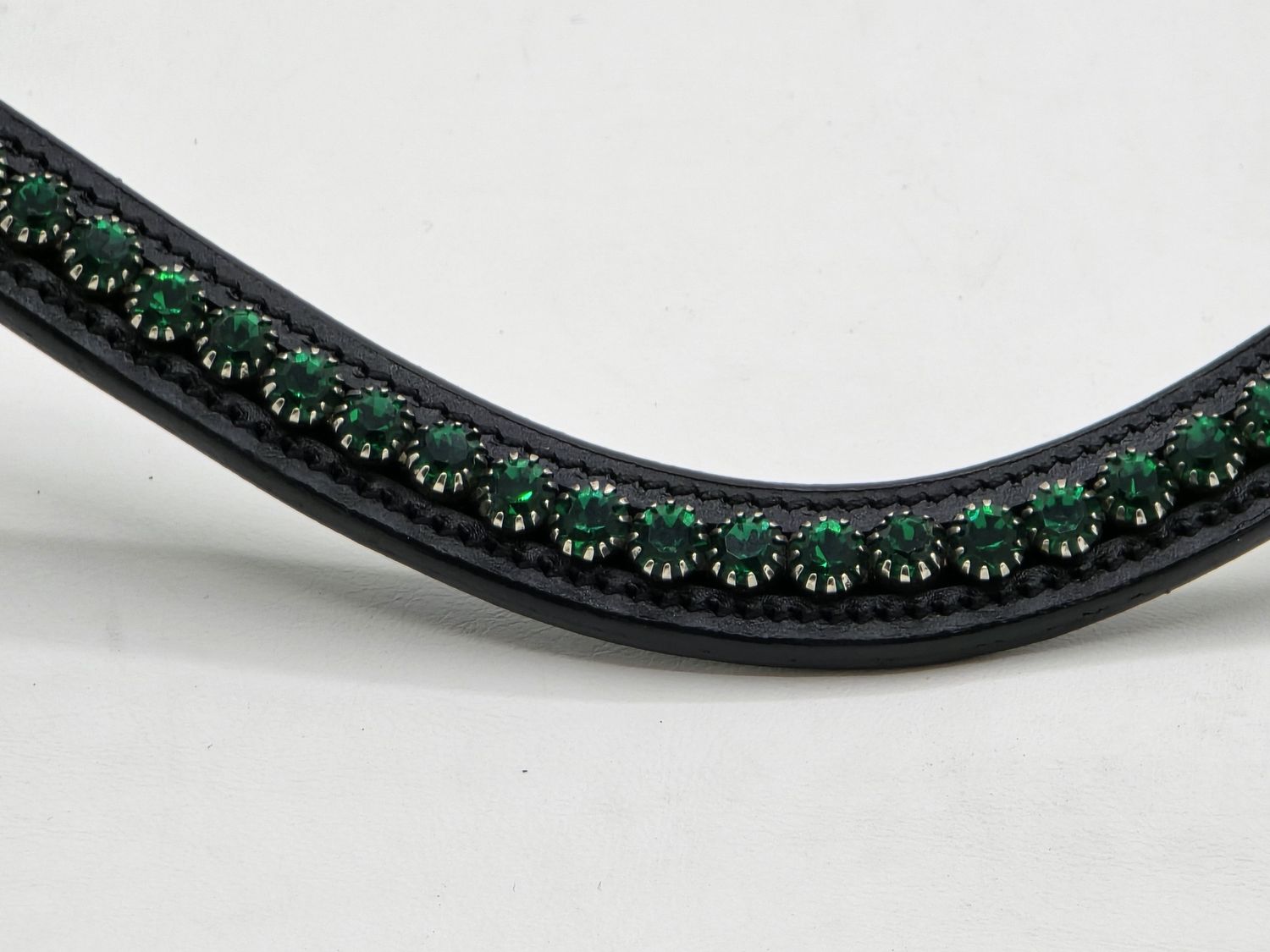 Emerald Green Crystal 1 Row 40ss CHANNEL SET PRECIOSA Glass Crystal- Easy On/Off Snap BLACK Leather Browband