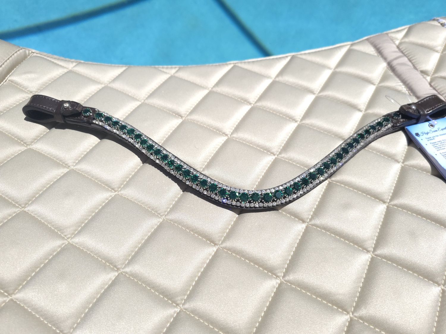 Emerald Green and Clear 3 Row 40SS (center) PRECIOSA Glass Crystal Easy Crystal Rivet Post On/Off – BROWN Leather Browband