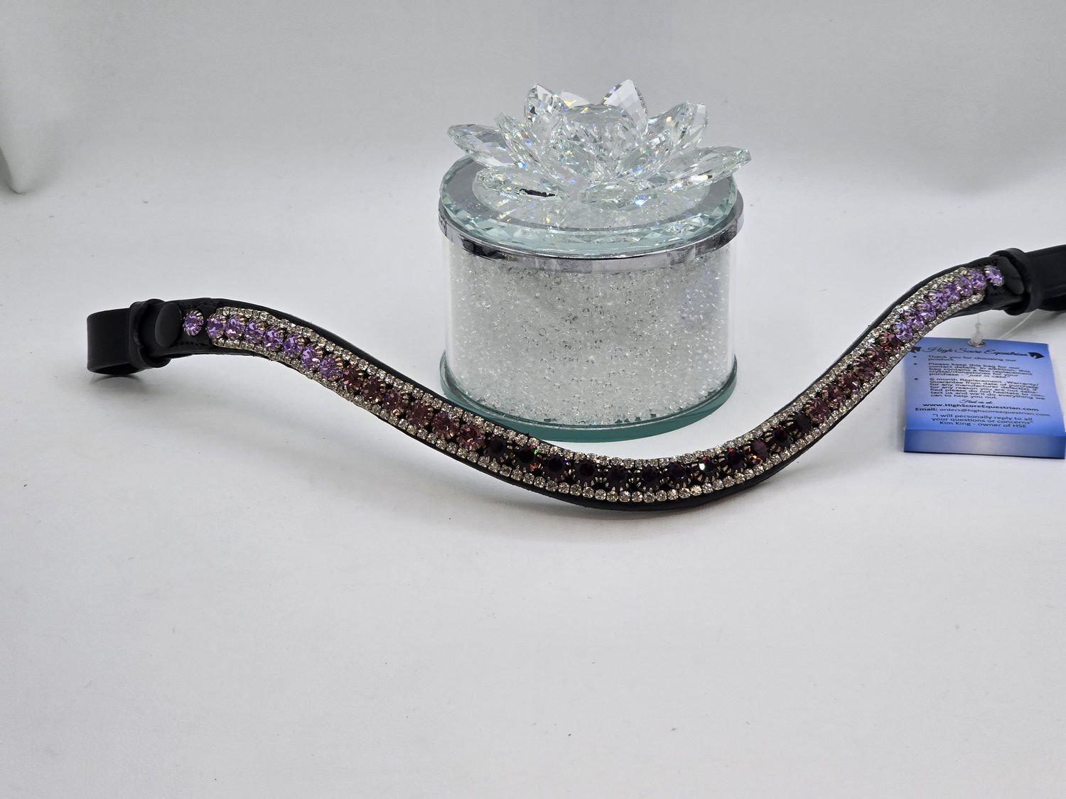 Amethyst, Lt Amethyst , Violet and Clear 3 Row Ombre 40ss PRECIOSA Glass Crystal -Easy On/Off Snap BLACK Leather Browband