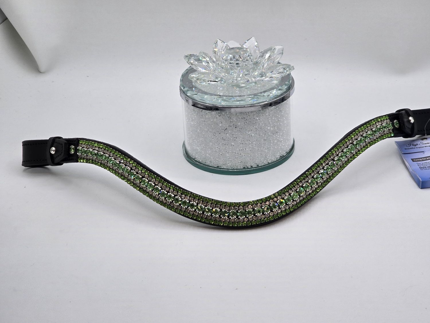 Lt. Greens and Clear 5 Row PRECIOSA Glass Crystal, Easy On/Off Crystal Rivet –BLACK or BROWN Leather Browband