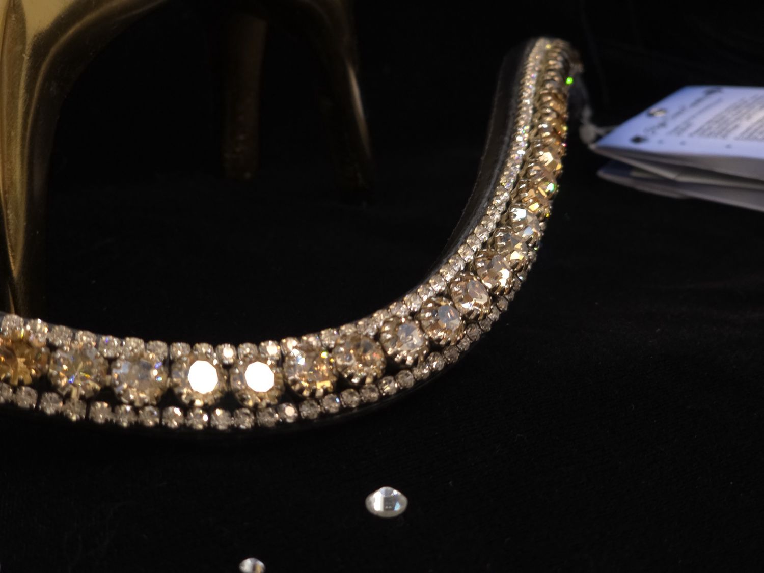 V1-Golden Honey, Lt Colorado Topaz, Smoked Topaz and Clear 3 Row 40SS (center) PRECIOSA Glass Crystal - Easy On/Off Snap BLACK or BROWN Leather Browband