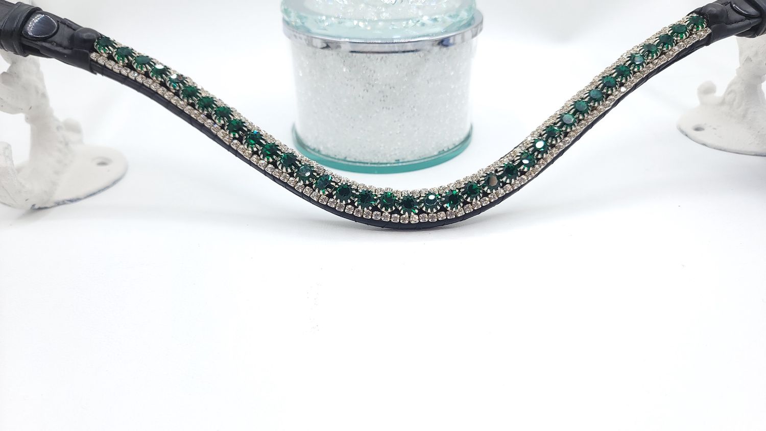 V1 -Emerald Green and Clear 3 Row 40SS (center) PRECIOSA Glass Crystal - Easy On/Off Snap BLACK Leather Browband