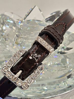 Clear Crystal Inlay Buckle &amp; Keeper - PATENT Leather - BROWN Spur Straps