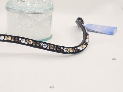 V1- Mocha, Lt Topaz and Clear -Mix Hot Fix “NO SNAG” Glass Crystal - Easy On/Off Crystal Rivet Button Closure BLACK Leather Browband